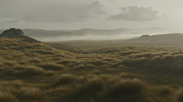 Misty morning, rolling hills, grassland, windswept tussock, serene landscape, nature photography