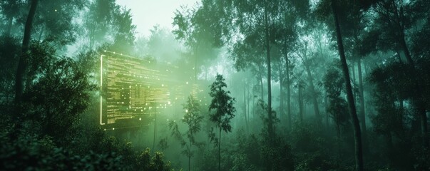 Obraz premium Mysterious digital display illuminates dense forest nature scene technology concept ethereal atmosphere surreal viewpoint