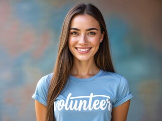 a young woman wearing a blue volunteer t shirt