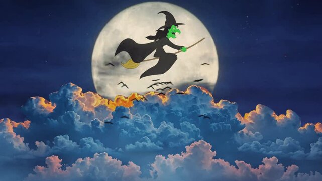 A whimsical silhouette of a witch flying on her broomstick against a large full moon, surrounded by bats and clouds. Perfect for Halloween, fantasy, or magic-themed projects.