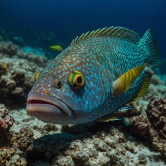 Highlight a wrasse cleaning the scales of a larger fish.