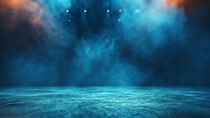 blue orange spotlights shine on stage floor in dark room, idea for background,