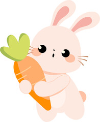 Cute kawaii rabbit easter bunny holding big carrot vector isolated element hand drawn illustration