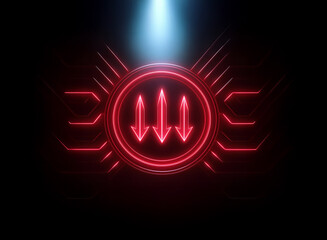 Glowing red circular emblem with three downward arrows, set against a dark background with illuminated circuitry.  A beam of light shines from above.