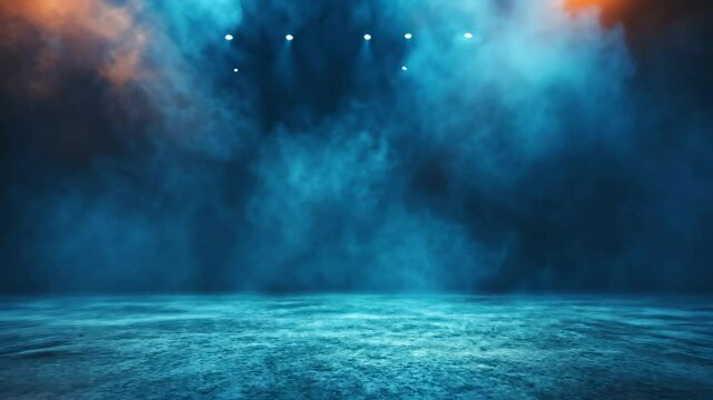 blue orange spotlights shine on stage floor in dark room, idea for background,