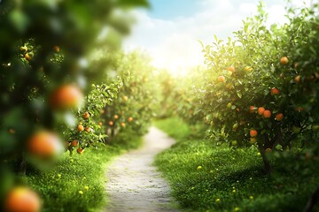 A rustic path cutting through a small orchard of apple trees