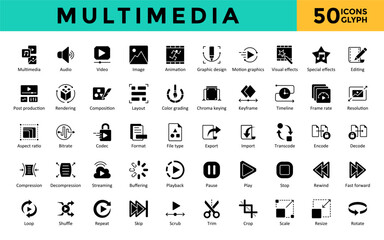 Multimedia icons set with multimedia, audio, video, image, animation, graphic design, motion graphics, visual effects, special effects, editing icon. Simple glyph vector 
