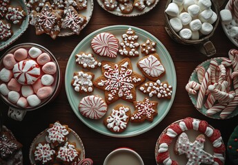 Colorful Array of Festive Cookies and Treats on a Wooden Table Featuring Candy Canes, Marshmallows, and Winter-Themed Desserts Perfect for Holiday Celebrations