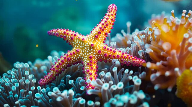 pink yellow starfish on sea anemony, undersea scene 