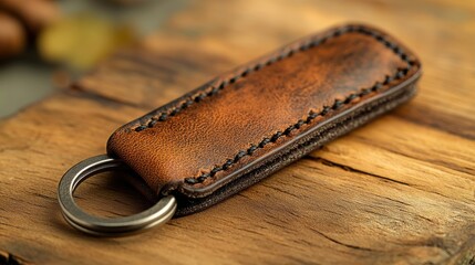 Elegant Brown Leather Keychain on Rustic Wooden Surface