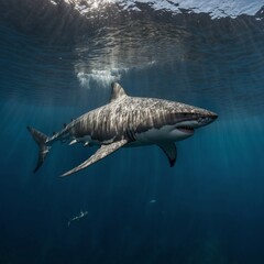 Capture a great white shark cruising through open water.