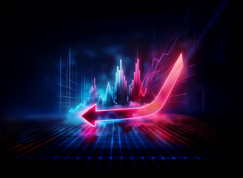 Glowing neon arrow dramatically curves downward against a backdrop of fluctuating financial data, suggesting market decline or economic downturn.  The scene is dark and moody, emphasizing the negative