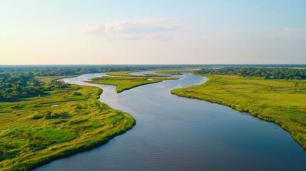 Fototapeta premium Aerial view River meanders through wetlands, sunny day, rural landscape, travel