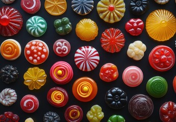 Naklejka premium Colorful Assortment of Decorative Candy Confections Arranged in a Vibrant Pattern on a Dark Background Ideal for Sweet Treats and Dessert Themes