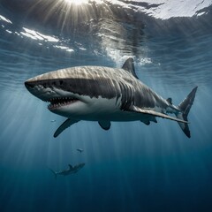Fototapeta premium A cinematic view of a great white shark diving into the depths, contrasted with a bright white background.
