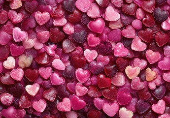 Obraz premium Colorful Assortment of Heart-Shaped Candies in Various Shades of Pink and Red Ideal for Celebrations and Sweet Treats on Holidays and Special Occasions
