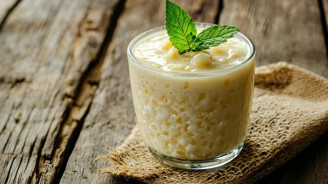 Creamy tapioca pudding garnished with fresh mint on rustic wooden table, Creamy tapioca pudding in glass, garnished with mint leaf, on rustic wooden surface