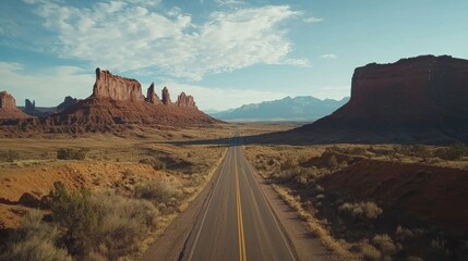 Fototapeta premium A lonely road stretching across a desert landscape with stunning red rock formations in the background.