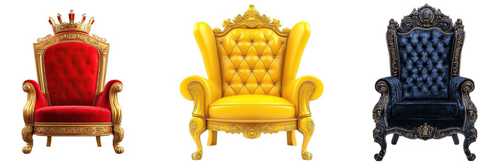 Set of regal thrones in black, silver, red, and gold, showcasing intricate, royal designs with rich textures, on transparent background