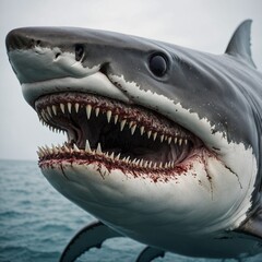Fototapeta premium A close-up of a great white shark's sharp teeth with intricate details, on white.
