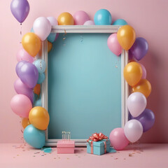blue frame and colorful balloons for birthday greetings