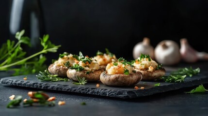 Savoring Stuffed Mushroom Appetizer Platter Kitchen Table Culinary Delight Cozy Gathering Close-up Herbal Parmesan Bliss