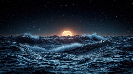 Ocean waves at night, large orange moon, starry sky, background, calm