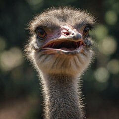 An ostrich looking directly at the viewer with an amused expression.

