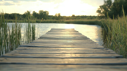 Obraz premium Serene Wooden Boardwalk Stretching Over Calm Lake at Sunset in a Lush Natural Setting