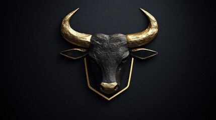 Elegant Black and Gold Bull Head Sculpture on Dark Background