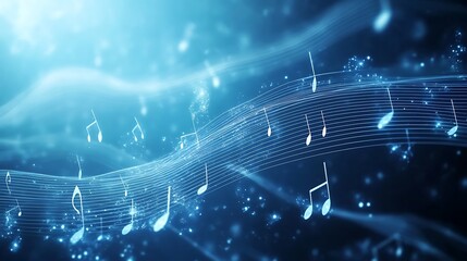 Creative digital backdrop with glowing blue music symbols image