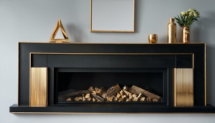 Generated image"Sleek Elegance: A Geometric Fireplace with Bold Black and Brass Accents