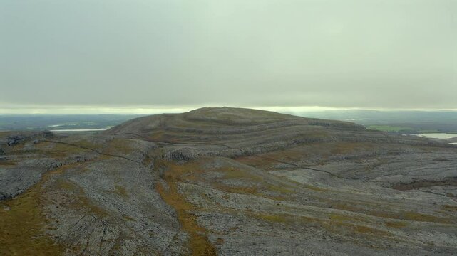 Aerial shot of Mullaghmore's vast vista, County Clare, with a misty sky
