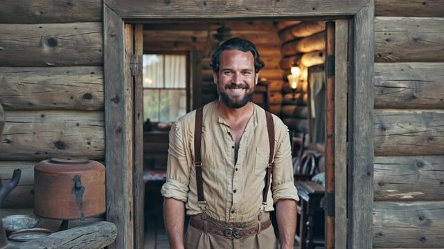 Bearded Man at the Cabin Door: A smiling, bearded man stands in the doorway of a rustic cabin. The warmth in his eyes and smile hints at contentment and a life lived close to nature.