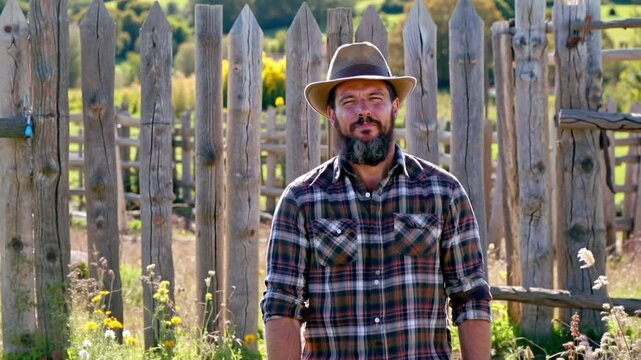Farmer by the Fence: A portrait of a weathered farmer standing confidently in front of a rustic wooden fence, capturing the essence of rural life, agriculture, and hard work.