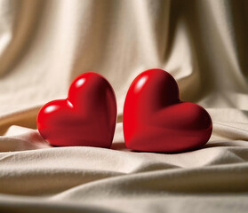 Two red hearts on a cloth