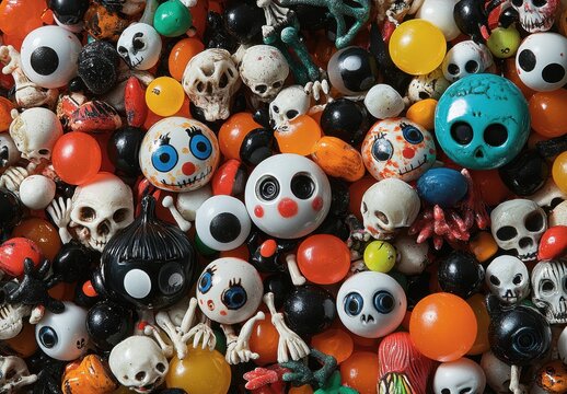 Colorful Collection of Halloween Decorations Featuring Plastic Eyes, Skulls, and Creepy Decorative Elements Ideal for Spooky Celebrations and Themed Events