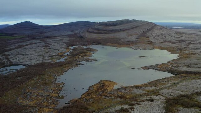 Establishing shot of the famous hiking spot, Mullaghmore, in Burren National Park. Aerial