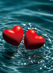 Background of two red hearts on water. valentines day concept