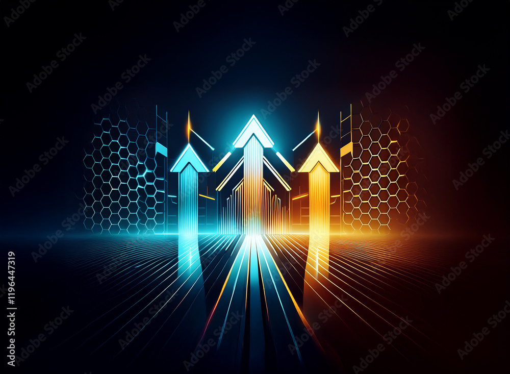 Wall mural three glowing arrows ascend on a dark, reflective surface, flanked by hexagonal patterns. the image 