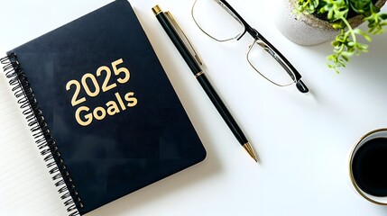 Minimalist Flat Lay with Personalized 2025 Goals Notebook and Pen on Clean White Background