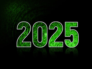 green two thousand twenty-five on white stroke on blur numbers green arranged overlapping each other on blur circle green and black background, banner, template, number, copy space