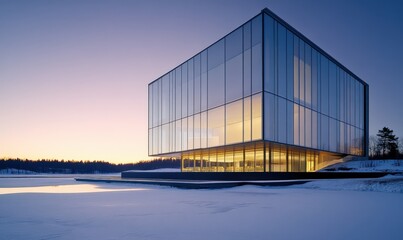 A modern curtain wall glass building by the lake