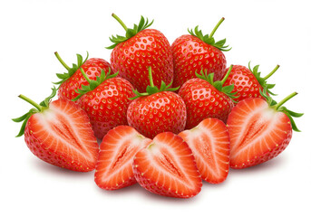 Fresh strawberries, whole and sliced, isolated on a white background with perfect retouching and full depth of field, featuring a true photo with clipping path
