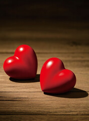 two Valentine hearts on a wooden background, Valentine's day concept