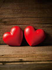two Hearts resting on a wooden background, Valentine's day concept