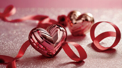 A beautiful bokeh golden background with two red hearts representing love in honor of Saint Valentine s Day with space available for text. copy space available