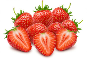 Fresh strawberries, whole and sliced, isolated on a white background with perfect retouching and full depth of field, featuring a true photo with clipping path
