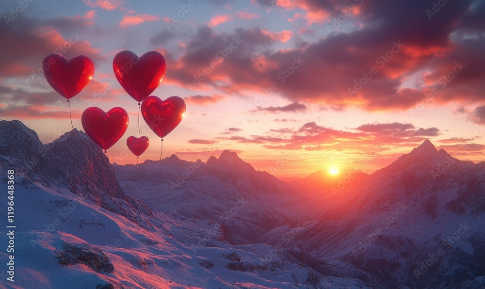 Wall mural Love balloons for Valentine's Day take off from snow capped mountains