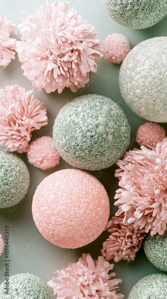 Poster a captivating composition features vibrant sage green textured spheres alongside soft pink floral el
